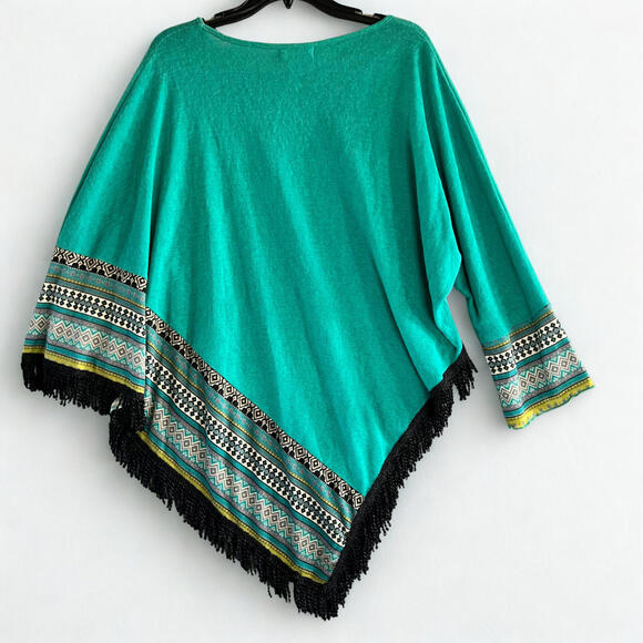 Adore Teal Tapestry Fringe Sweater Size XLarge One Sleeve One Open Side - Picture 3 of 7